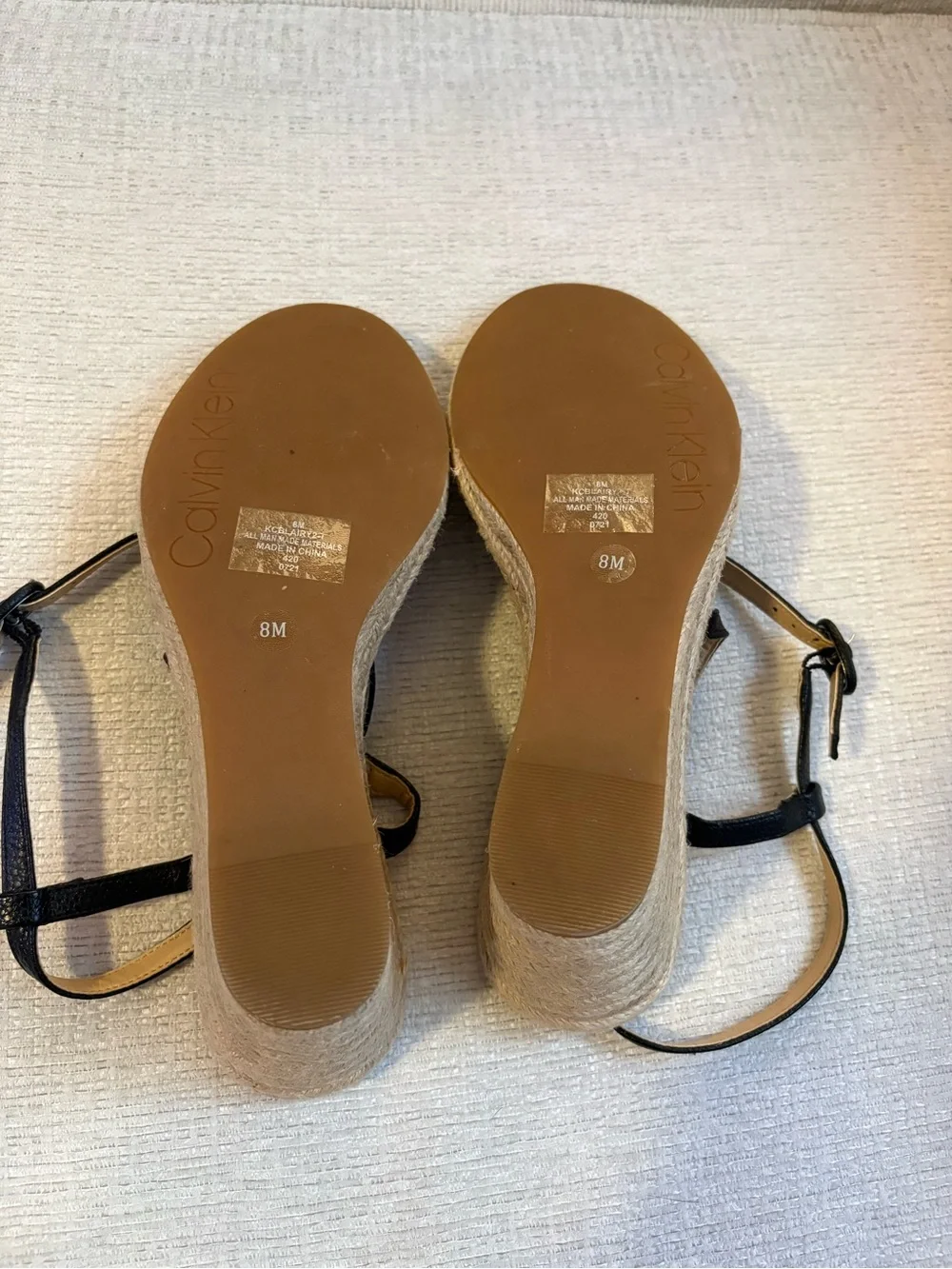 Calvin Klein Black Leather Strap Espadrille Wedges